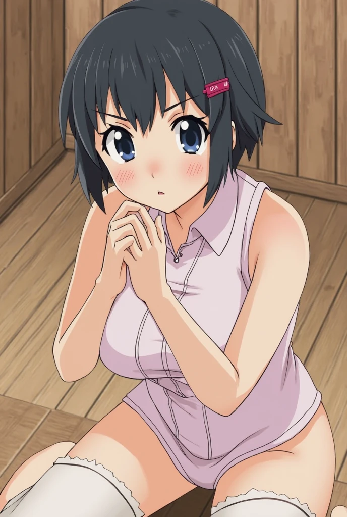 [[anime styled]],[[digitalart]],masterpiece,best quality,Tomomi_Xijing,(red eyes),black hair,bob cut,Short hair,Hair Ribbon,(midium build),NSFW,1girl,((sitting on the couch,reclining)),face focus,short torso,[perfect anatomy],,((nude)),((blue and white striped panties,)),((topless,nipple)),cameltoe,relaxing,smile,blush,spread legs, break background living room,couch