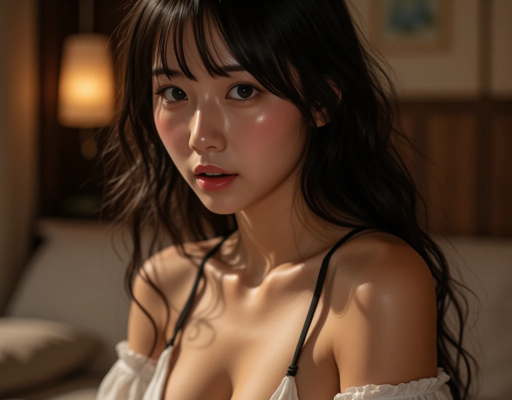 Living room at night,Close-up of the cleavage of a fair-skinned young Japanese woman,full body images