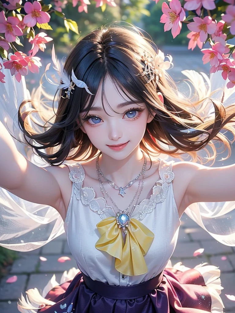 Beautiful angel woman、Beautiful white wings、Soaring petals、Floral hair ornament、a pixie cut、Perfect eyes、look at a camera、Arms crossed、kindly smile、face perfect、3D Real、Looking at the camera、Detailed upper body concept