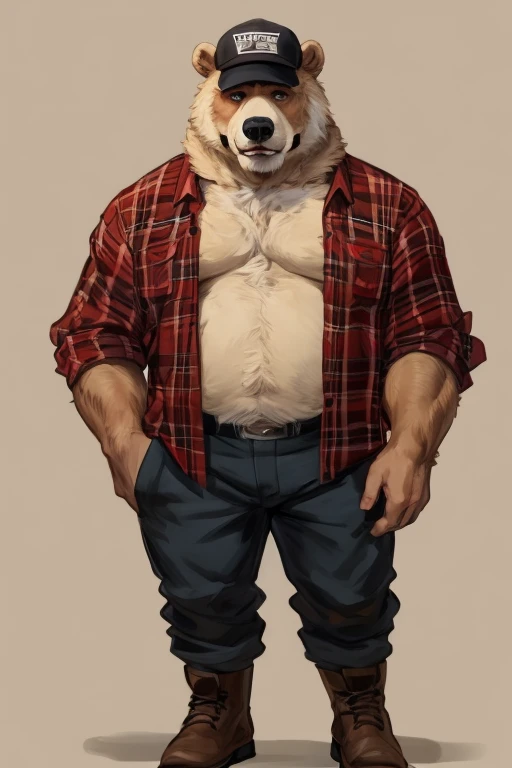 2d digital drawing, furry, muscular white polar bear wearing a flannel shirt and jeans, holding a thumbs up towards the camera with a happy expression, (by takemoto arashi).