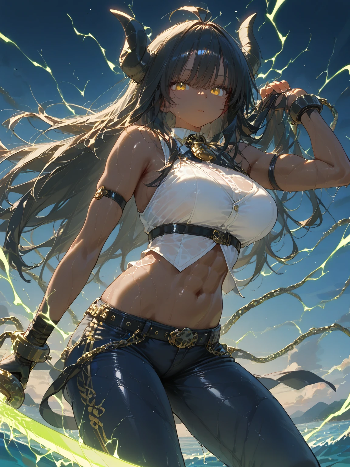 nsfw:1.1, high resolution:1.7, incredibly absurdres, kawaii:1, cute:1.5, hires.fix,anime visual:1,incredibly fine illustration,8k,masterpiece:1.2,best quality, high quality, exquisite, beautiful, insanely detailed, intricate detailed, extremely detailed, Super Definition, ultra high res, Super Resolution, best aesthetic, ultra detailed:1.5, best quality, perfect face, detailed face, masterpiece:1.2, illustration:1.2, 8k cg wallpaper, stunning art,absurdres,octane render,ultra hires,cute and beautiful girl,valkyrie,(1 girl),16yo,Beautiful face,cute girl,((loli with extremely cute and beautiful black hair)), seductive young girl,kawaii,female focus,full body,(perfect body),the girl exudes confidence and elegance,Her pose and expression convey a sense of empowerment and strength.{(Two-toned hair with gold and light red tips),long hair,shining glossy hair;1.4,neat hairstyle,white hair ribbon},She has long eyelashes that add to her captivating appearance,(wide eyes,big green eyes,enchanting bright eyes studded with gold and silver dust,(finely detailed beautiful eyes),wet crystal eyes,),highly detailed face and hair,pale eyes,a well-defined nose,pinky skin,glowing and smooth skin,faint lips,(plump lips),seductive and confident smile,standing,fighting stance,fist in hand,fist bump,open mouth,upward breasts,pointy breasts,(very puffy soft breasts),waist slender,{((hands with perfect five fingers, two beautiful perfectly shaped arms and legs, perfect ???????: 1.3)),(Pink cyber suit with micro skirt,skimpy,gold accents),(white side-tie panties,garter belt,Stockings),bare shoulders,Torn clothes,midriff peek,light Red eyeshadow,allure pose,black Choker with chains,bracelet with chains,silver earrings,emphasizing her facial expression and beautiful body lines,Blushing face,dynamic angle,striking angle,from below,sweat,perspired,steam,wet,fantasy,(tentacle pit),in cave with tentacles,creating a visually stunning effect,adding to the overall appeal,excited expression towards the 