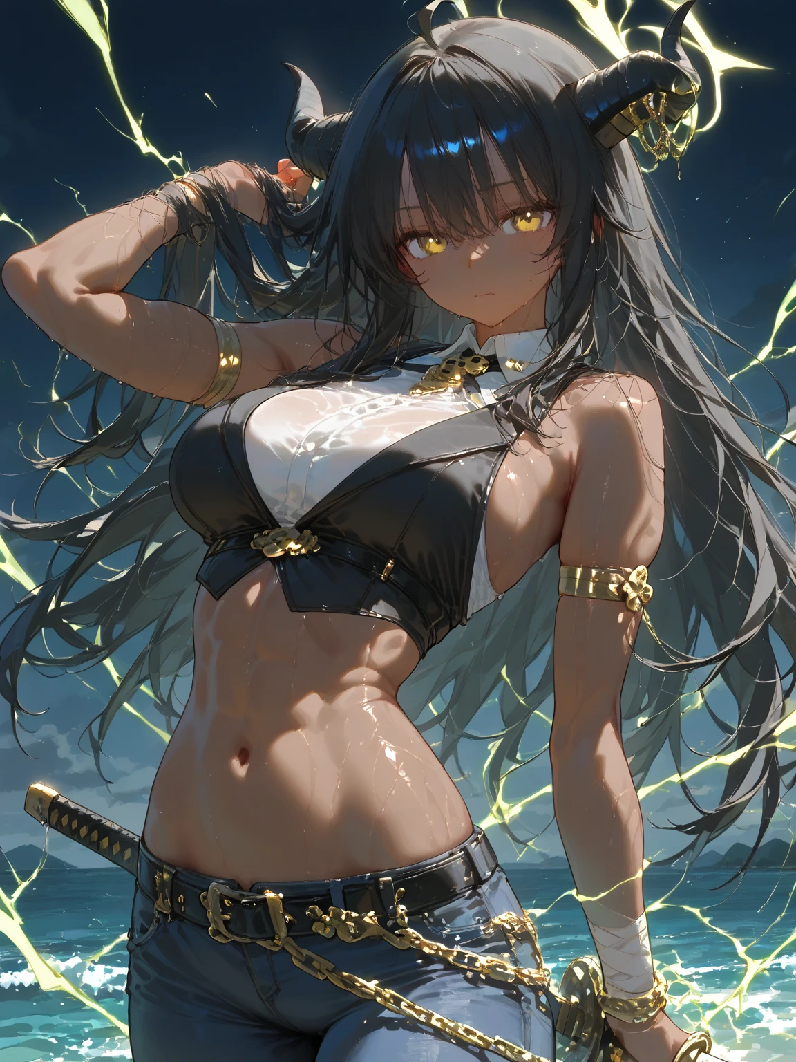 Highest quality, Dark skinned female warrior,Long black hair, Red eyes,  (Small breasts), Wearing a white bikini,(((Injury))),(((Are crying))),(((Captured by a monster)))