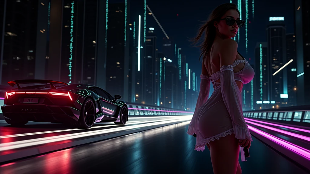 (aerial view, a flying cars docking platform, a very dark abandoned futuristic city, neon lights), rainy night. A girl as Lara Croft, solo, alone, large-breast:1.2 slim body, cleavage:1.1, sexy wind blowing wet dress:1.4, (headphone, black sunglasses), (((((she raised:1.8 a pistol:1.8 and took aim at viewer))))), dynamic pose, (((half-body thigh level medium shot))), cinematic lighting, lens flare, ray tracing.