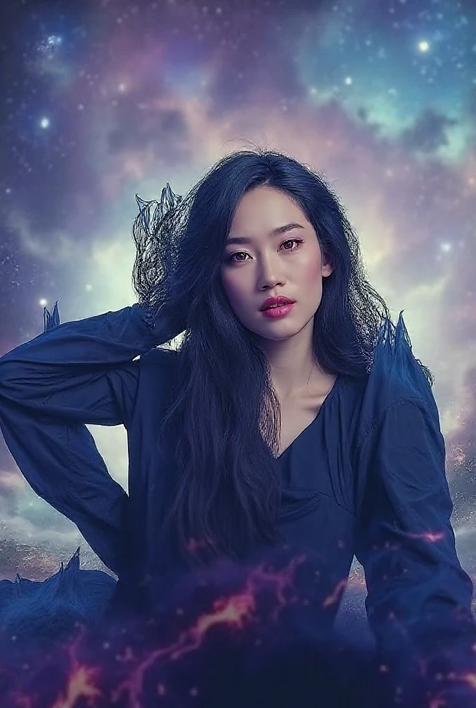 (best quality,4k,highres),beautiful girl with mesmerizing eyes,gorgeous galaxy viewing,sparkling stars,soft cosmic colors,ethereal atmosphere,peaceful serenity,celestial wonders,wonderful universe,stellar beauty,romantic stardust,celestial portrait,cosmic perspective,astounding cosmic art,galactic elegance,transcendent charm,celestial goddess,cosmic enchantment,cosmic girl admiring the magnificent galaxy,cosmic dreamworld,galactic reverie,cosmic masterpiece:1.2, full body, black long cosmic dress, standing, floating , black long hair, knee, laughing 