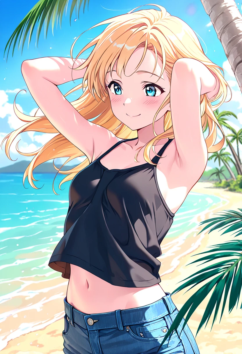 (((Masterpiece: 1.5, Best Quality, High Resolution: 1.3, Super Resolution, Ultra Detail, Ultra Detail: 1.3, Rich Background: 1.2))), (Close-up of face)), 1 girl, Solo, Wonderful smile, Green eyes, Blonde long hair tied with a blue ribbon, dull bangs, cute hairpins, transparent white T-shirt, White bikini inside T-shirt, white , (raise one hand)), (Armpit), (sweat) , (outdoor), ((sea: 1.2)), ((beach)), landscape, (dusk), ((dynamic lights: 1.4))