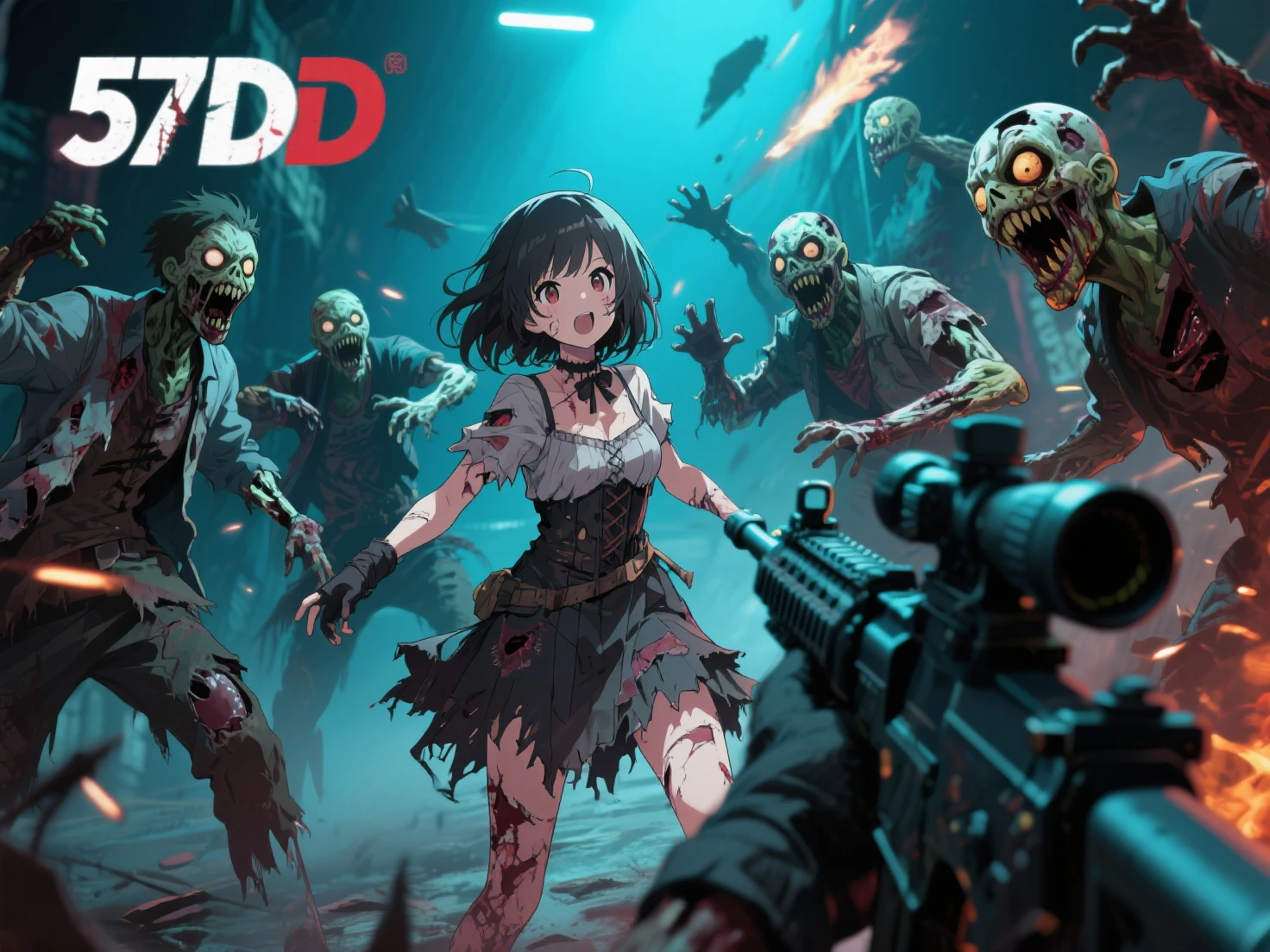 (masterpiece, best quality,ultra highres),Display the title "chichipui dead" on the screen,
(Ruined Town, Zombie Town, Town of the Dead),
absurdres, highres, extra detailed, (the girl encountering the Zombie), dark persona, chiaroscuro, 3d model,
BREAK, (16yo girl:1.3), school girl, darkblue wavy-short hair, glowing red eyes, school-uniform, from behind, (from above:0.6), cowboy shot, holding weapon, handgun, trigger discipline, hand up, aiming,
BREAK, indoors, night, darkness, (wet:0.5), fog, mist, graveyard, Haunted House, Horror zone,
BREAK, human sized Zombie, zombie apocalypse,
(a scene from a movie, movie screen, Zombie face, close up to face, zoom in face, face focus, glowing red eyes),horror theme,