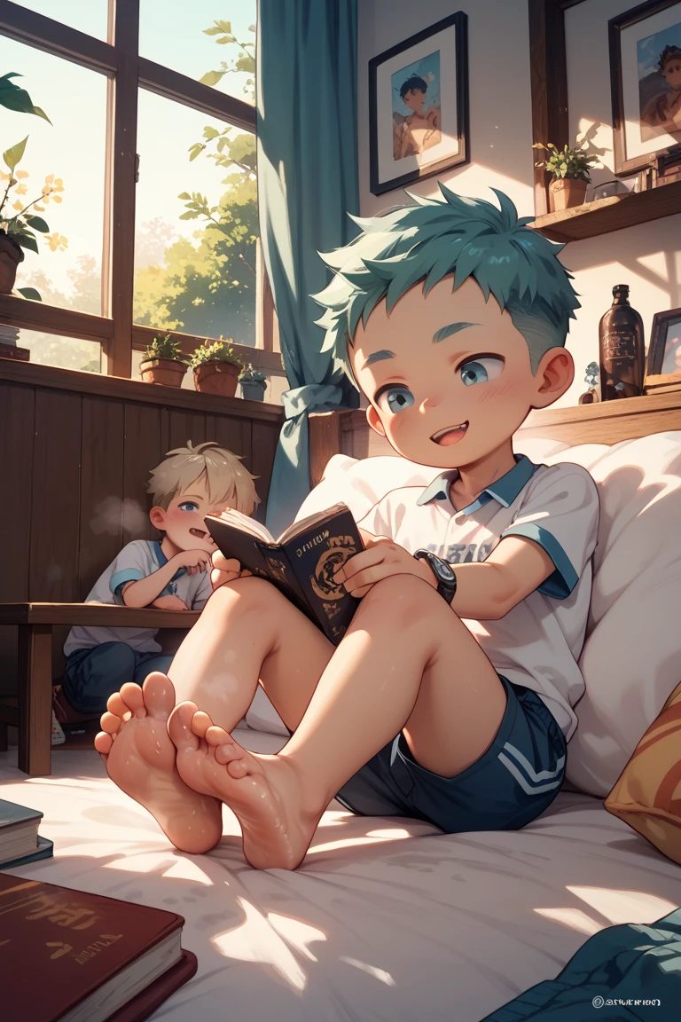 solo, looking at viewer, blonde hair, shirt, 1boy, green eyes, yellow eyes, flower, male focus, shorts, socks, book, petals, glowing, animal, cat, couch, glowing eyes, watch, bookshelf, wristwatch, male child, black cat,
<lora:noeyebrow:1>