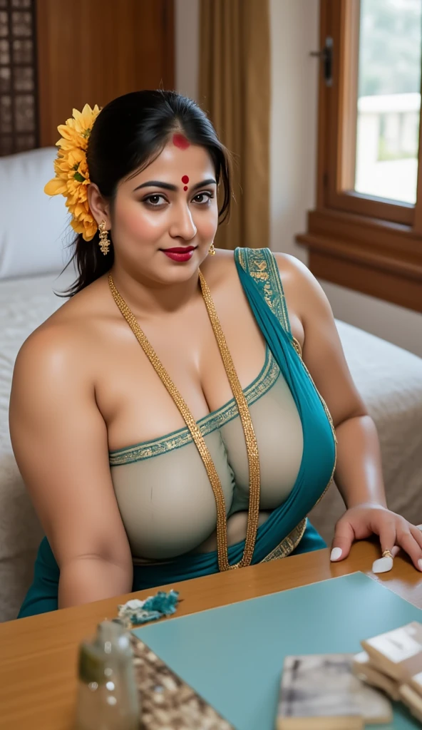 a mature lady(beautiful breasts(saggy, voluptuous)) wearing saree(deep cleavage), (), () (), () cleaning floor in village outside home. Very realistic skin, natural skin texture. Very beautiful face. She is giving sexy down blouse pose. Beautiful blouse designs. Face details are realistic, most beautiful, pretty and delicately gorgeous. Her breasts have natural perfect shape. Background around her is visible enough.