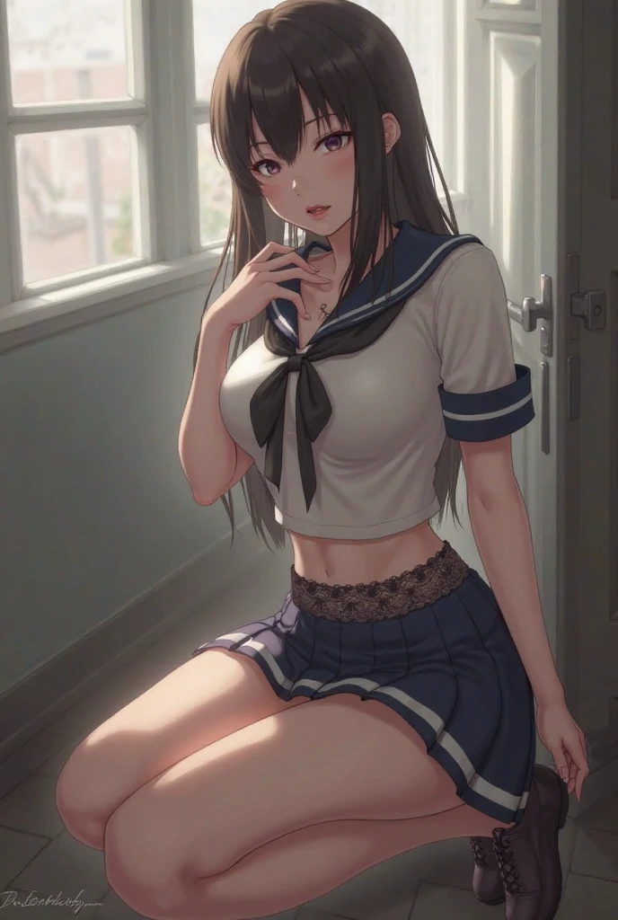 (8k, Super RAW photo, best quality, masterpiece, soft cinematic lighting, soft color:1.4),(from above:1.6),( POV,looking at viewer:1.7),(detaileds beautiful eyes focus,Close-up beautiful eyes:1.6),(realistic), (dark room,room full of trash background:1.6), (solo, mature woman,19years old,super beautiful face,super detaild beautiful eyes :1.5), {sailor uniform:1.1),(show off nipple:0.5),low-cut miniskirt,sheer :1.3}, (embarrassed,red Cheeks:1.25), clean skin, (smaller butt:0.5),(coverd nipple:0.8),(sagging huge long wide heavy breasts:1.5),(under boob:1.8), (thick, curvy:1.35),(1boy,sex,open leg:1.5),(open mouth:1.2),(arms behind back:0.8),(sitting,on side:1.7),