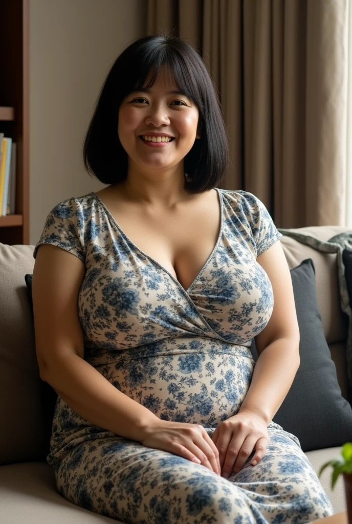 8k wallpaper, masterpiece, Highest quality, Super detailed, One Mature Woman, 50 years old, Become very clear, Wearing short sleeves, Skin dents, Captivating smile, Looking at the audience, Cleavage, plump, Curvaceous, Fascinating face, Smiling with teeth showing, Wrinkles around the eyes, Sitting on a park bench, Background Blur
