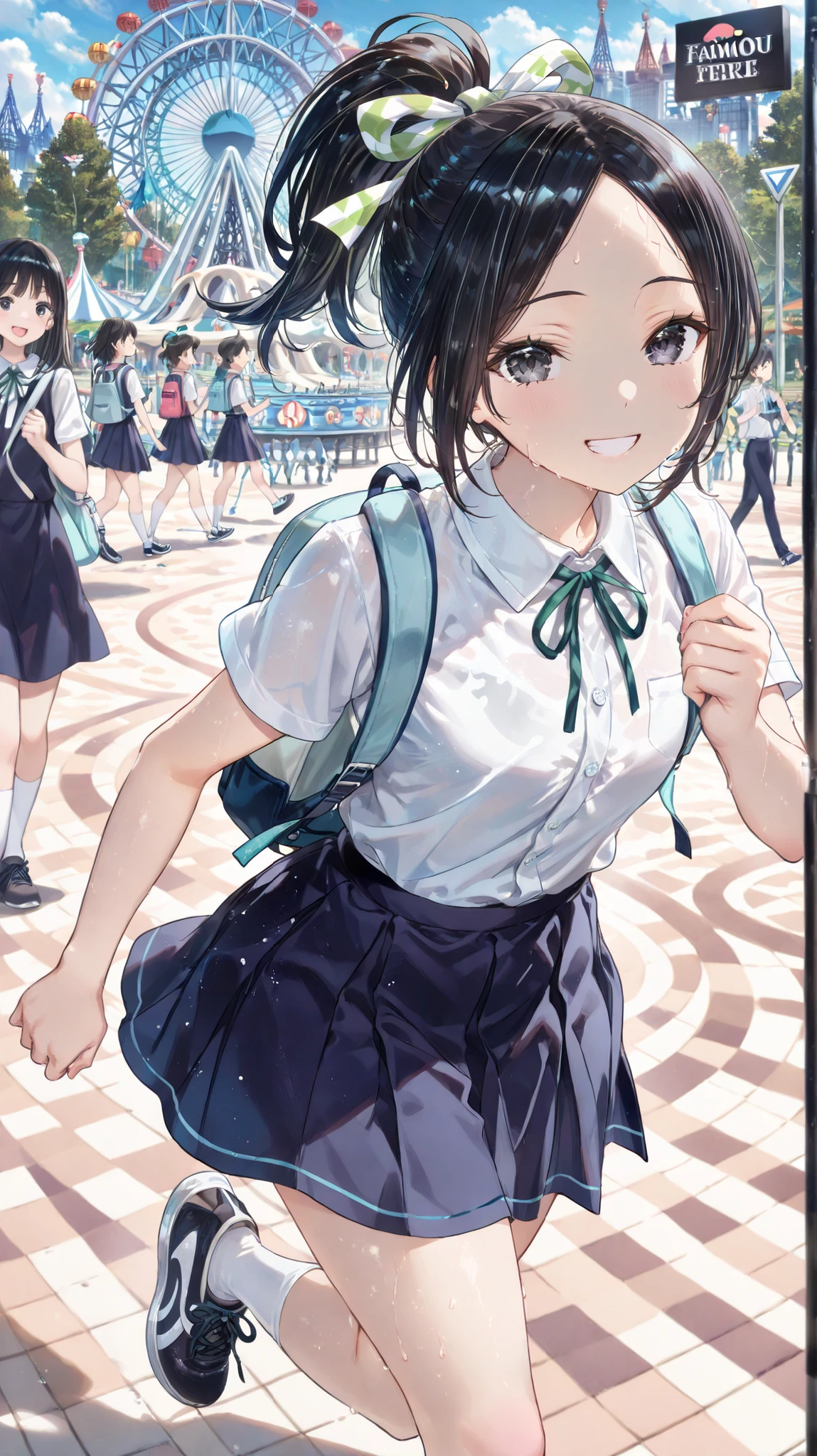 ((Best Quality))(Excellent)(Details) Girl wearing dark blue skirt showing thighs, dress shirt with small white buttons, white collar, thin green ribbon, light blue backpack, white socks, black running shoes, hair tied with black strings, ponytail, black eyes, black hair, no bangs, sweating, walking, famous theme park, looking at viewer, smiling