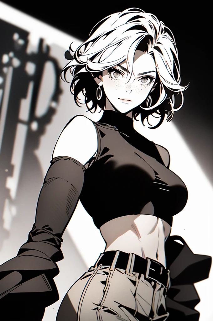 (Open eyes),(night)(full body),(pale skin),nanakusa nazuna, 1girl, bangs, black shirt, black shorts, blue eyes, blunt bangs, breasts, cleavage cutout, clothing cutout, crop top, eyeshadow, gradient hair, gray hair, hair rings, light purple hair, looking at viewer, makeup,  navel, red eyeshadow, shirt,( shorts:1), sleeveless, sleeveless turtleneck, sleeveless turtleneck crop top, (flat breasts), solo, stomach, turtleneck, turtleneck crop top, two-tone hair, vampire, ((masterpiece)),(Closed mouth),(seriou:1),(hidden hands),(puffy_breasts),(Open eyes) <lora:nazunaNanakusaCallOfThe_offset:1.3> hand-drawn art,(monochrome:1.5),(Unpainted:1.5) <lora:æç»äºæ¬¡å:1> <lora:perkyBreasts:1>perky breasts