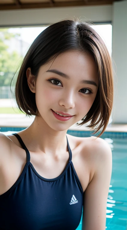 1 woman,short hair,black hair,Droopy eyes,Single,thick eyebrows,pov face,24-years-old,Type A,Childhood friend,Shining eyes,smile,Nude,Beautiful skeleton,Break upper body,photorealistic,8K raw photo,midjourney style,masterpiece,best quality,super fine illustration,8K,8K quality,beautiful background,detailed background,
