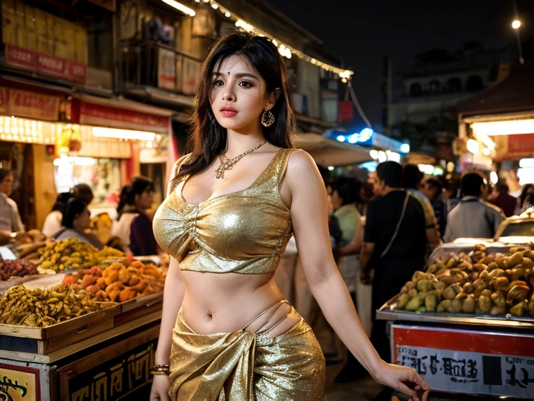 Dressed in a flowing bohemian dress adorned with traditional Thai embroidery, the influencer exudes boho-chic vibes as she poses amidst the bustling alleyways of Bangkok's vibrant Chatuchak Weekend Market. Capture the essence of the Thai female look. Slim fit body. F-Cup. Big tits. Different poses. Cleavage. Tan skin color. Sexy.