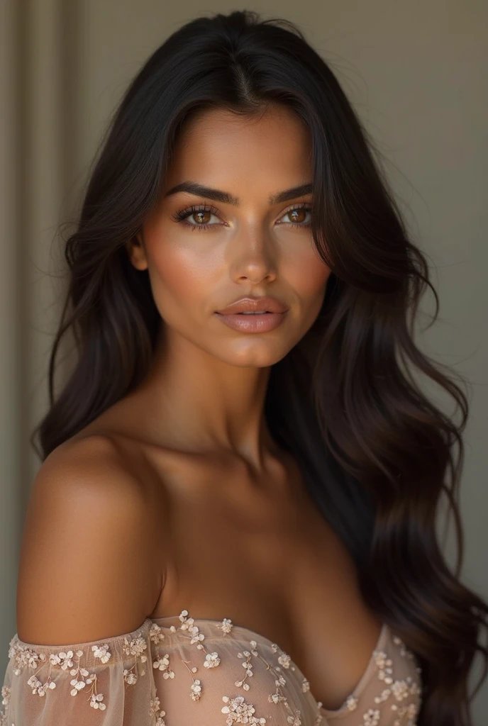 A beautiful woman, beautiful Latina face, Young Brazilian Nyvi Estephan, Brazilian supermodel, serene and elegant beauty, Angolan descent, young adult 30 years old, nerdy woman, tall woman, a stunning black woman, with indigenous features, beautiful indigenous girl, native Brazilian, ((An African girl indigenous European ebony)), ((her beauty is undeniable)), beautiful young ebony with dark skin, tanned Mexican, long black hair, straight black hair, has an exotic beauty with beautiful eyes, realistic eyes , bright eyes, ultra detailed eyes, ultra realistic eyes, natural eyes, ultra detailed iris, perfect eyes, perfect iris, hyper realistic eyes, eyeliner, long and defined eyelashes, penetrating look that conveys confidence, striking, powerful expression, strong presence, striking makeup, full, voluminous lips, seductive lips, captivating, striking, unforgettable, dazzling, mischievous smile, wide smile, your features are captivating, subtle smile on your lips, beautiful and detailed face, detailed skin texture, Notice your shaped eyebrows perfect shape, which arch gracefully above the eyes, a small nose that is proportionate to the face and the soft contour of the face that accentuates the high cheekbones. Beautiful and glowing skin, intricate details, smooth skin, healthy and radiant appearance, Attractive slim woman, Average bust, Average and beautiful breasts, athletic physique, flat stomach, slim waist, huge hips, wide hips, big ass, thick thighs, legs shapely Concept art .3D 4k, high resolution, full sharpness photo realistic, breathtaking, Lentille nette, Photographie professionnelle, Objectif 70mm, Unreal Engine 5, wallpaper, colorful, art, (Hdr: 1.5), hyperdetailed, (ArtStation: 1.5) rich color, hyper-realistic, realistic texture, (dramatic lighting), Cinestill 800