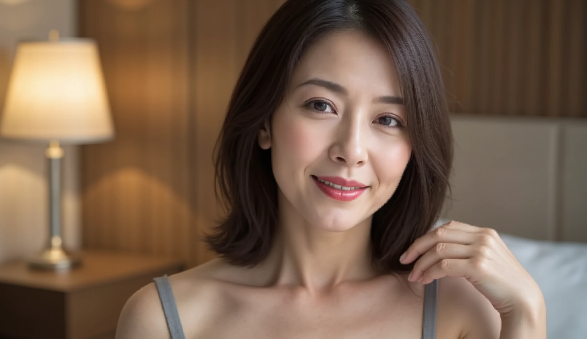 Mature Woman、 Japanese、48 years old (Mature Womanの魅力: 1.5)、 kind, Seductive Smile 、( nasolabial folds :1.4)、 Natural Aging 、warm eyes 、( upper body close-up :1.3)、 tender , Natural wrinkles 、 Beautiful skin (1.4)、 Highly detailed (1.4)、 Unmatched Beauty live venue with Bedroom in the Background 、(eye makeup with ingredients:1.3)、 (( heavy makeup、 Red Lipstick :1.2))、( eyeshadow)、( mascara)、(((HAIRSTYLES PUT UP IN THE UPDATE 、Short Sleeves、J-cup big :1.3)))、 serious expression s at training camp 、 kind表情、 of perfect feminine body lines 、 Standing in a Beautiful Posture 、 Realistic and Realistic (1.4)、 masterpiece、 Highest Quality、 Richly Written 、 physics-based rendering 、 Attractive Vibes、(((Sleek Fabric Shirts )))、(((point: Knee to Head Photography )))、Background: [BedroomをBackgroundに。 ((( [Bedroom、 plump、45 year old woman)))。((( serious expression 、 kind表情:1.3)))、nude、in underwear、bikini、Upper body above waist、blue bra and shorts、cleavage、Full Body
