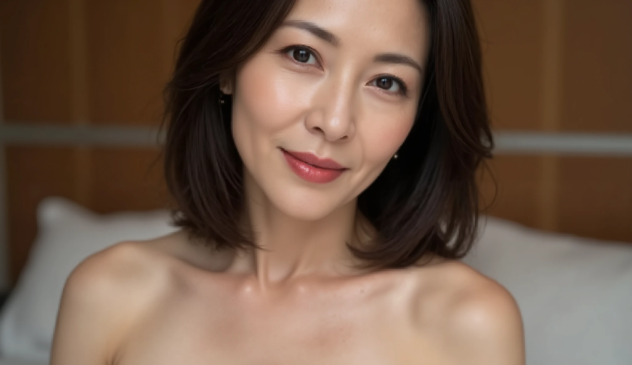   Mature Woman、  Japanese、48 years old (Mature Womanの魅力: 1.5)、 kind, Seductive Smile 、( nasolabial folds :1.4)、   Natural Aging   、warm eyes 、(  upper body close-up :1.3)、  tender  , Natural wrinkles 、  Beautiful skin (1.4)、  Highly detailed (1.4)、 Unmatched Beauty live venue with Bedroom in the Background 、(eye makeup with ingredients:1.3)、 ((  heavy makeup、 Red Lipstick :1.2))、(  eyeshadow)、(  mascara)、(((HAIRSTYLES PUT UP IN THE UPDATE 、Short Sleeves、J-cup big  :1.3)))、  serious expression  s at training camp 、 kind表情、 of perfect feminine body lines 、   Standing in a Beautiful Posture   、  Realistic and Realistic  (1.4)、  masterpiece、  Highest Quality、  Richly Written  、  physics-based rendering 、  Attractive Vibes、(((Sleek Fabric Shirts )))、(((point：  Knee to Head Photography   )))、Background: [BedroomをBackgroundに。 ((( [Bedroom、  plump、45 year old woman)))。(((  serious expression  、 kind表情:1.3)))、nude、in underwear、bikini、Upper body above waist、blue bra and shorts、cleavage、Full Body