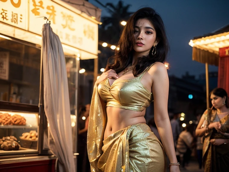 24-28 Years Old bollywood indian female fashion mode,brown skin,dressed Sari,Happy expression on face,at the night market,backlight, extremely realistic, 8k, insane details, intricate details, cinematic color graded,Color Grading, Editorial Photography, Photography,sharp focus, taken with a 60mm lens, ISO 300, f/4, 1/200th