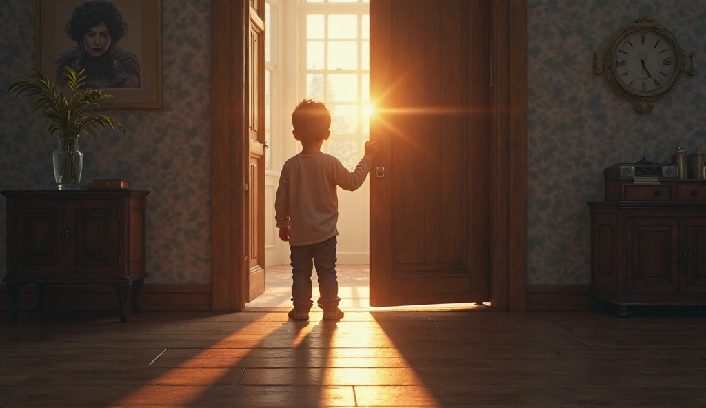 A cute child runs into the castle again and dresses himself in gorgeous costumes