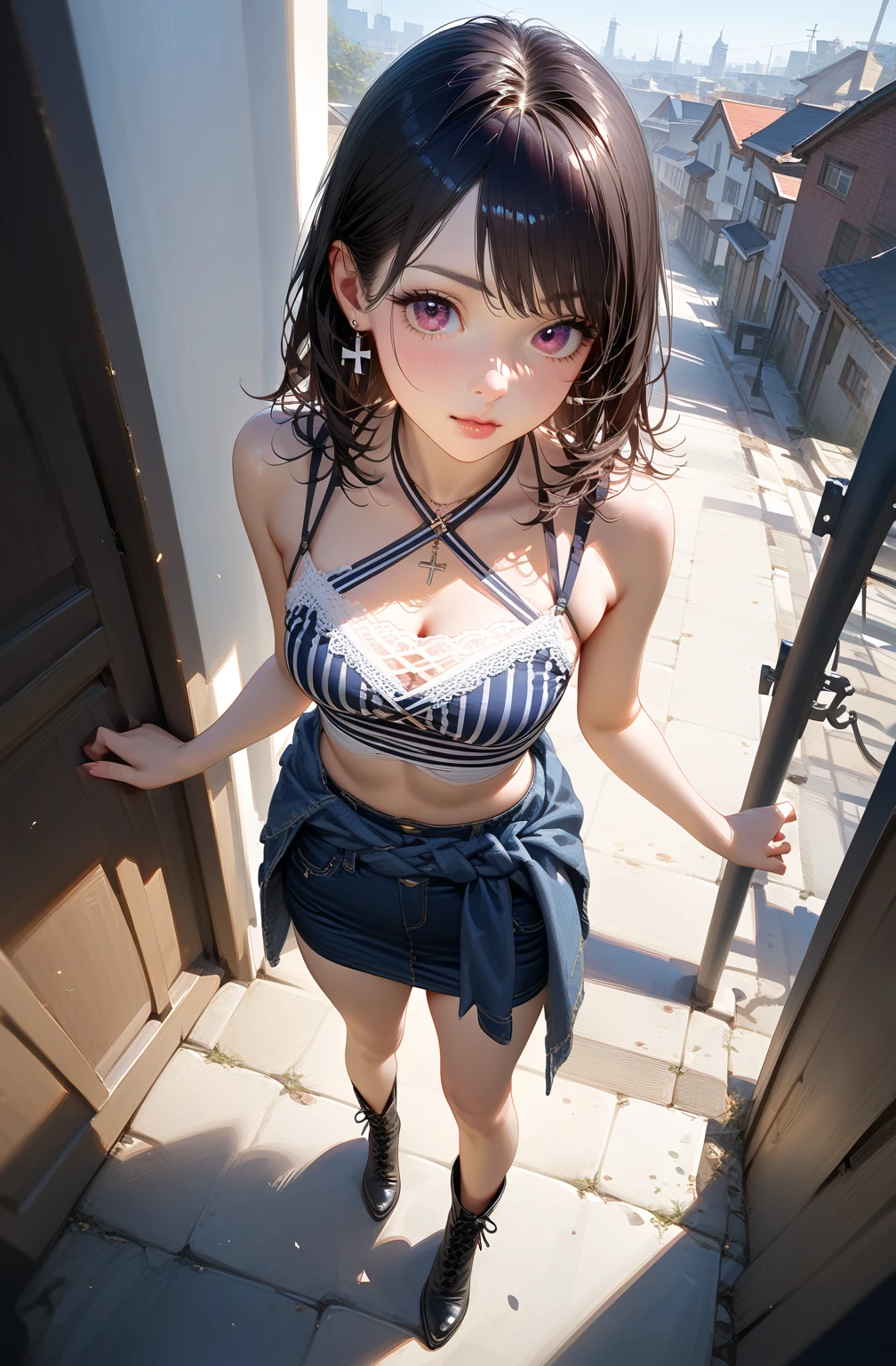 Raw photo, 8K, (highest quality), realistic, (real picture, intricate details), (natural skin texture, fine skin, hyper realism, sharpness), (Japanese female college student sitting on the stairs in a dirty back alley at night, graffitied wall:1.3, Exposed armpits), ((Is wearing a denim micro dress over naked, distressed denim, Front Button Dresses, No sleeve, Open chest of dress, cleavage)), Fair skin, ((very short hair, pixie hairstyle)), (fascinating face, parted lips), Thigh exposed, bandaged knee, graffiti:1.5, trash can, at night, spot lighting:1.3, full body shot