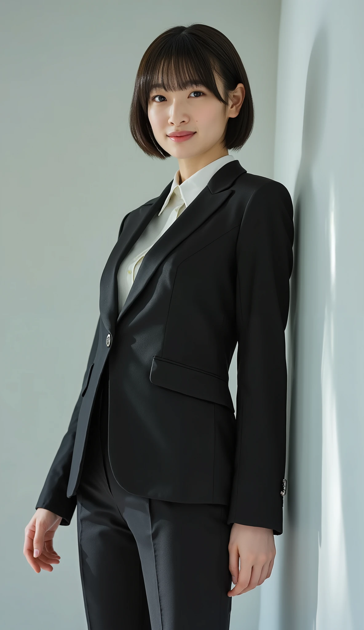 A high resolution photograph of a Japanese young woman with short hair, she is wearing a very stylish and cool officewear, cinematic lighting, full body shot, natural makeup, she's flirty and sensual with a calm expression, she stands inside a photo studio as if she is posing for a clothing brand photoshoot, anatomically correct proportion, extremely detailed, photo-realistic, realistic, masterpiece, best quality, 8k,