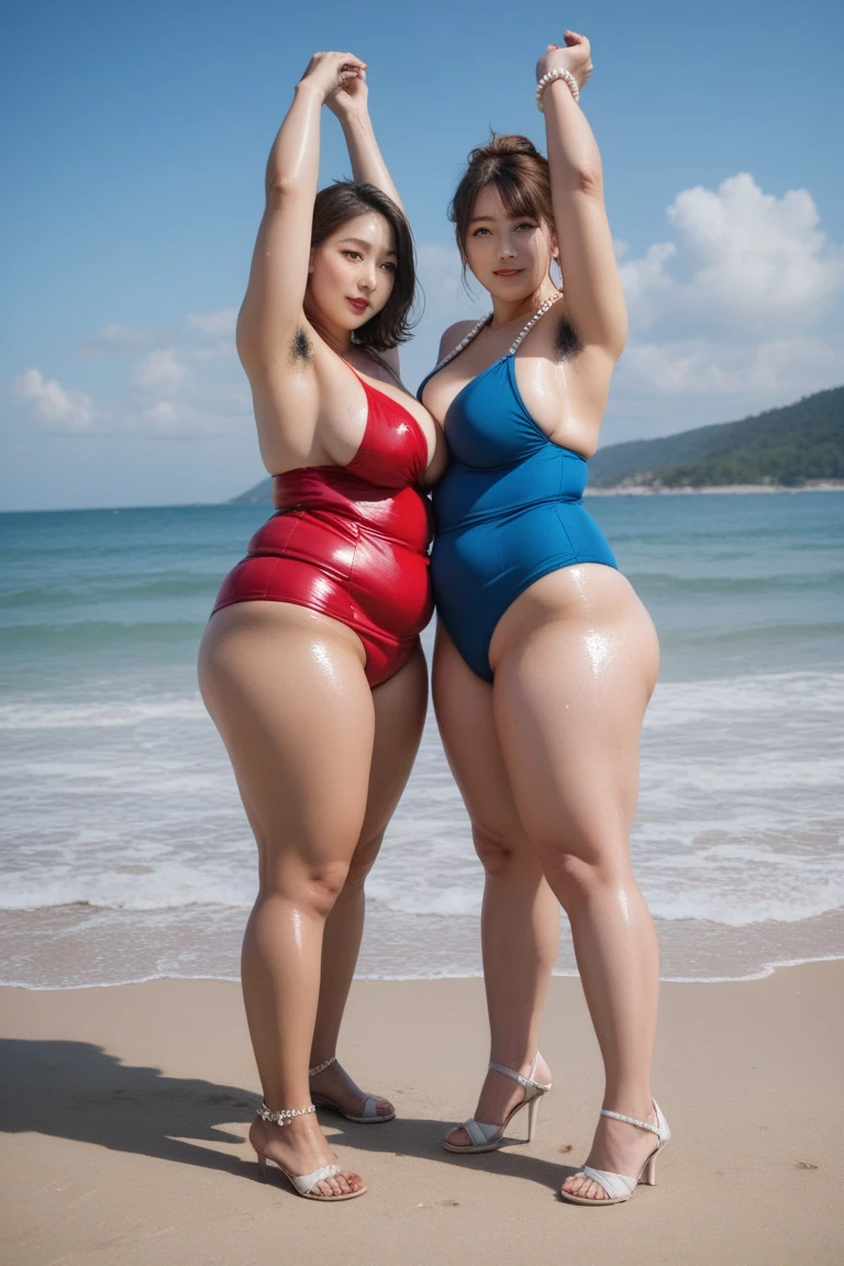 Close-up: Two beautiful women with tall height, long legs, big breasts and shiny race queen cosplay standing at the race venue, viewed from below