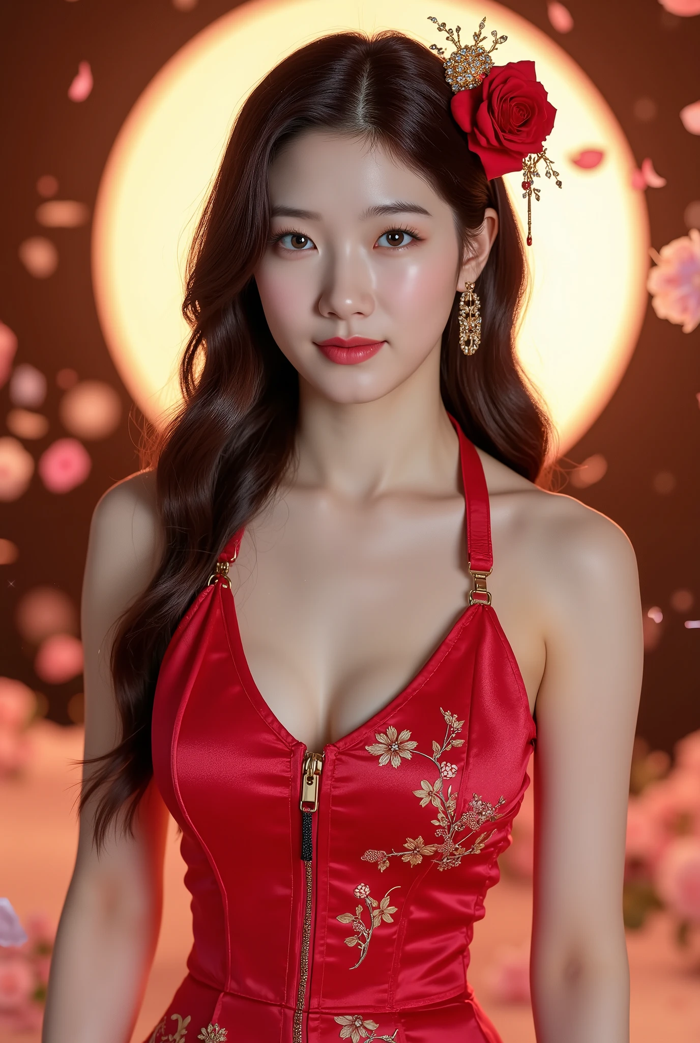 (((best quality))),(((ultra detailed))),(((masterpiece))),illustration, ((Olympic Opening Ceremony,in Paris,summer night,magnificent National stadium of France,Olympic flame, fireworks)),(crowded crowds of enthusiastic spectators:1.3),((a beautiful Chinese girl,solo)),((shoulder length straight hair:1.2)),((slim,thin)),((small breasts,flat chest)),(strapless red bra:1.3),excited expression, awe, celebrating, electric atmosphere, sense of pride, excitement, playing field, crowd energy, unity, camaraderie, representing China, historic event, memorable moment,((from front,close-up of face))
