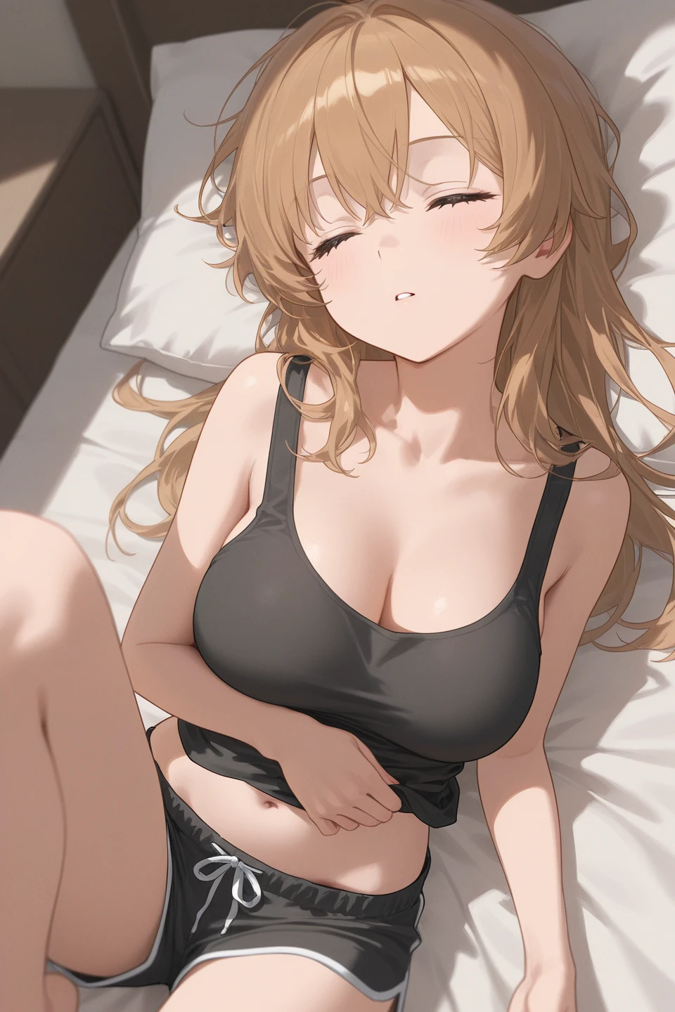 masterpiece, highest quality, High resolution, kitagawa marin sb, from above, 1 girl, blonde, Long Hair, Colorful Hair, Red eyes, jewelry, Earrings, Earrings, bra, lace black panties,(Showing panties:1.3), (spread legs:1.3), sexy pose,  (sitting on the bed:1.5), bewitching  pose, (Put your hand in your panties),  sweat, blush, closed eyes, open mouth, her room