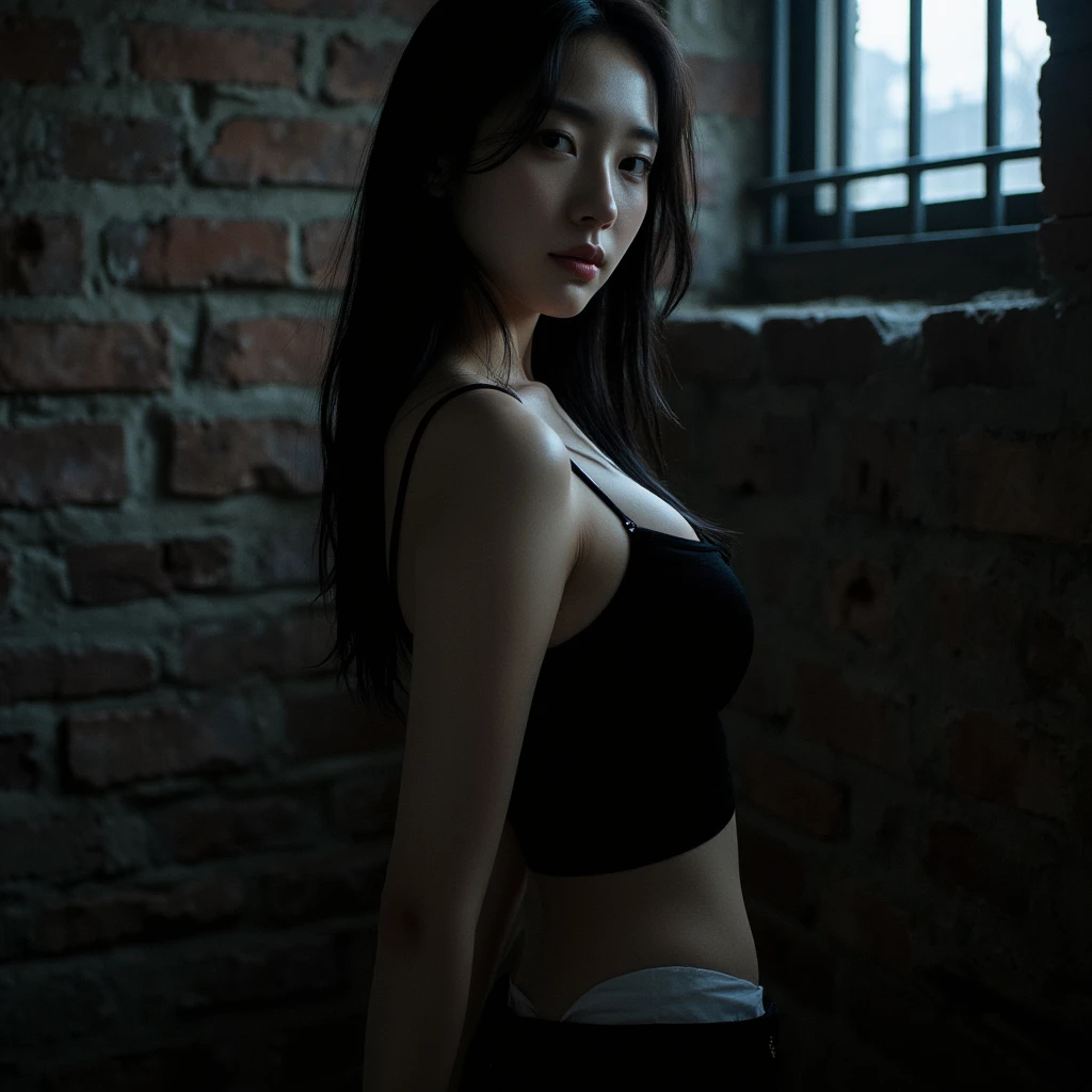 Best quality, masterpiece, ultra high res, (photorealistic:1.4), raw photo, 1girl, waist up, deep shadow, dark theme, cinematic, beautiful girl, beautiful eyes, sitting