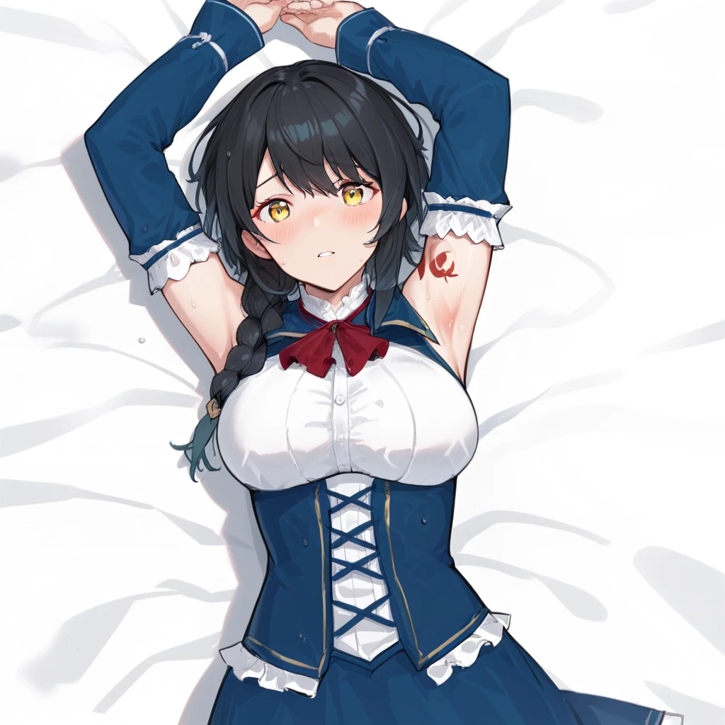 masterpiece,best quality,highres,cinematic lighting,dramatic angle,1girl,<lora:NightOfRevengeV1-000012:0.7> ,aradia,black hair,gradient hair,braids,yellow eyes,white shirt,red bowtie,bare shoulders,frills,corset,long blue sleeves,blue skirt,tattoo,portarit,hands on own chest,shy,happy,blush,close-up,lying,on back,bed,arms up,embarrassed,parted lips,armpits,sweat,wet,see-through