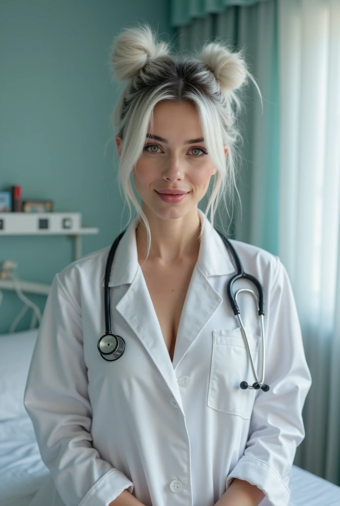 ((( 4k image)))1 woman, full body, in public square, hot nurse, silver hair, wearing white apron with pink details, open apron, squatting with legs open without panties showing her pussy (ultra realistic), without a bra showing her breasts, showing her pussy, little pubic hair, pink pubic hair, slightly pink white skin, beautiful lips, perfect mouth, pink eyes, wearing red sandals, perfect little feet, pink painted nails, holding a clipboard in one hand (long pink nails), holding a syringe in the other hand, orgasm face, clear liquid running down her pussy.