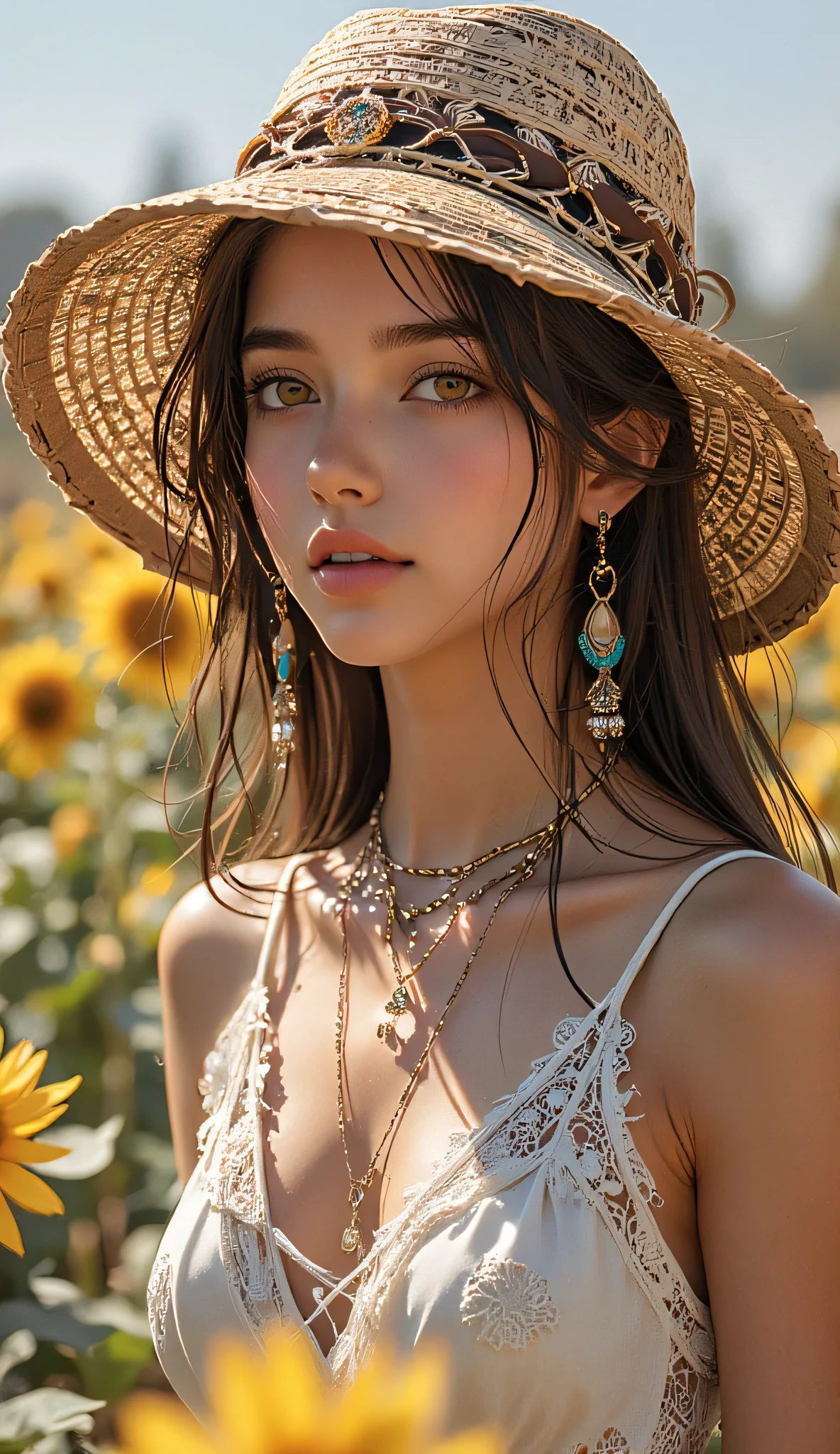 one female, ((Highest quality)), ((masterpiece)), (detailed), ((very detailed face)), High resolution photograph, full body portrait, slim face, pretty woman, (dark brown long hair), brown eyes, detail eyes, double eyelids, (Beautiful Delicate Eyes and Lips), nsfw,Under the midday sun, bright sunlight, (wearing a white lace dress), relaxed dress, (Wearing a women's wide brim straw sun hat), In the sunflower field, standing in a dynamic pose, Bright light, (her long hair is blowing in the wind),