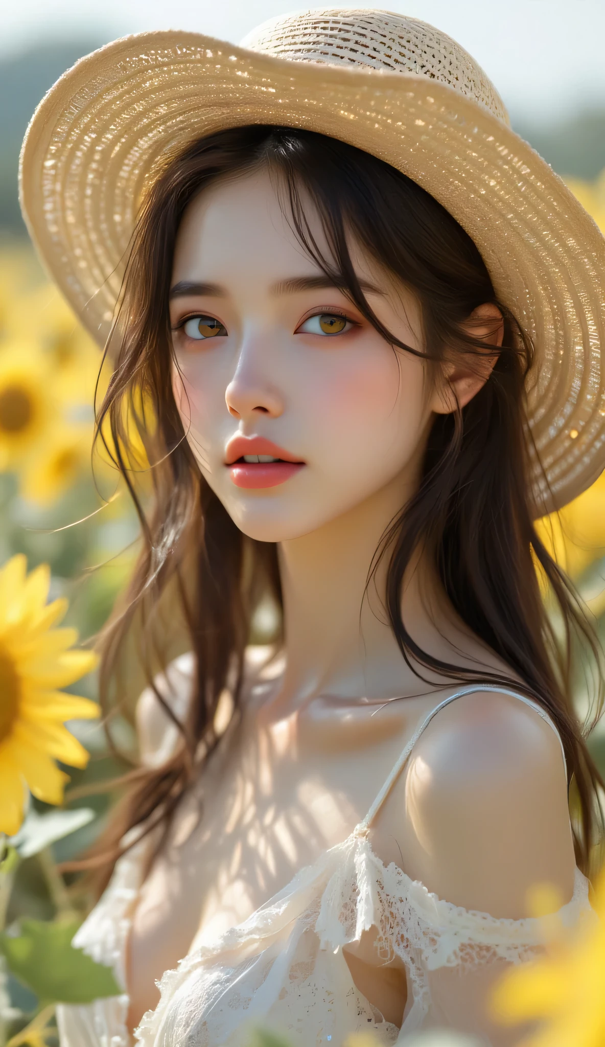 one female, ((Highest quality)), ((masterpiece)), (detailed), ((very detailed face)), High resolution photograph, full body portrait, slim face, pretty woman, (dark brown long hair), brown eyes, detail eyes, double eyelids, (Beautiful Delicate Eyes and Lips), Under the midday sun, bright sunlight, (wearing a white lace dress), relaxed dress, (Wearing a women's wide brim straw sun hat), In the sunflower field, standing in a dynamic pose, Bright light, (her long hair is blowing in the wind),