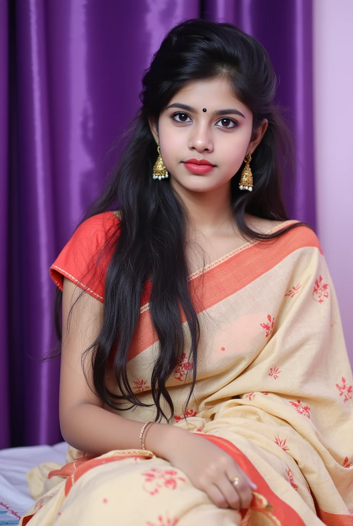 a close up of a woman wearing a red and orange sari, traditional beauty, assamese aesthetic, with lovely look, inspired by T. K. Padmini, traditional makeup, indian girl with brown skin, wearing a steampunk sari, with professional makeup, dressed in a sari, wearing bihu dress mekhela sador, indian, indian style, wearing a sari