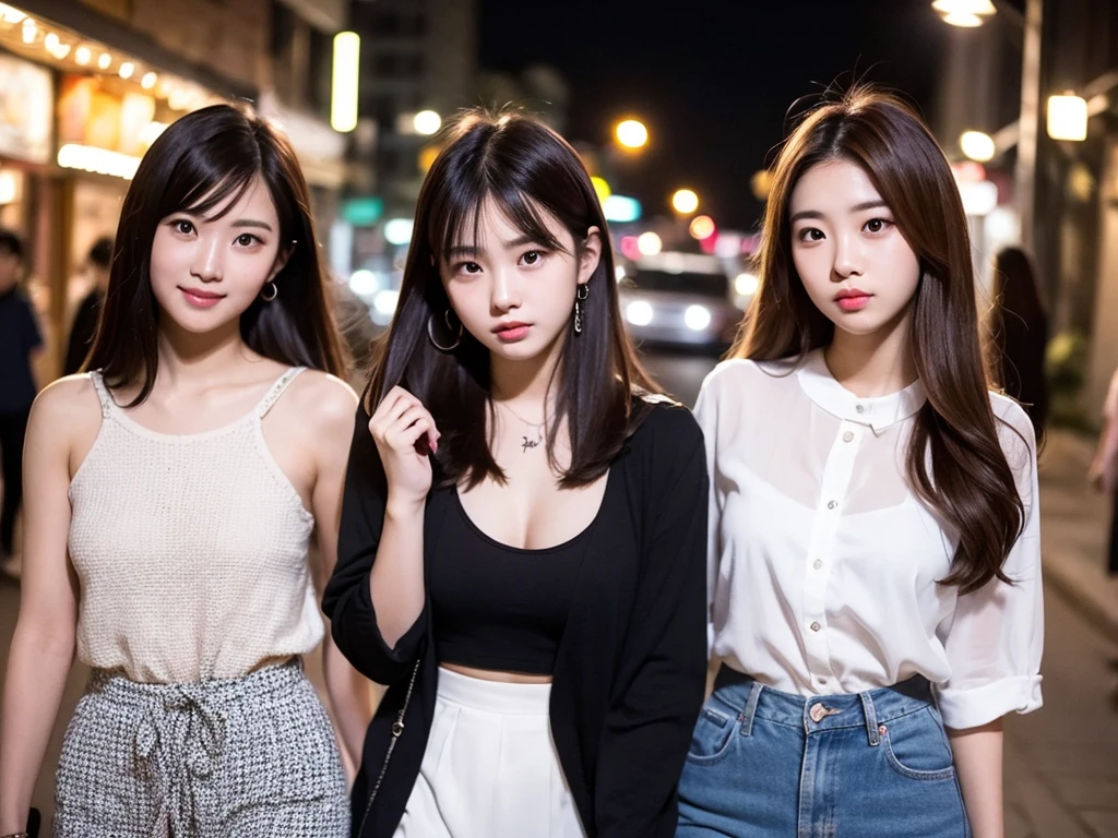 photo of 5 girls, ((small breasts)), loose and oversized black jacket, white lace cami, (beige chiffon trousers,:1), (Kpop idol), (aegyo sal:1), (light brown short ponytail: 1.2), ((puffy eyes)), looking at the audience, no bra, no panties, street smile, cute, full body, street, outdoor, best quality, super high resolution, (realism: 1.4),