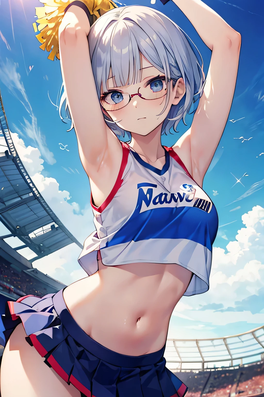 best quality, masterpiece, highres, solo, {reno_azurlane:1.15}, purple_eyes, breasts, grey_hair, large_breasts, bangs, blush, short_hair, hairband, smile, hair_between_eyes, black_hairband, sleeveless, see-through, parted_hair, animal_ears, fake_animal_ears, rabbit_ears, 1girl, arm_up, bare_shoulders, blue_sky, cheerleader, cloud, crop_top, day, holding, holding_pom_poms, looking_at_viewer, midriff, pom_pom_\(cheerleading\), see-through_sleeves, shirt, skirt, sky, sweat, underboob, :d, armpits, beltbra, crop_top_overhang, huge_breasts, navel, open_mouth, sash, sidelocks, teeth, upper_body, upper_teeth_only