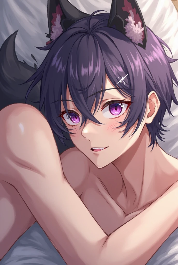 Downer handsome boy　cat eyes　piercings in both ears　Short sleeve shorts　illustration style　Slender body　naughty smile　lying down