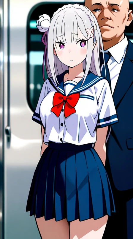 Crowded train、One pretty woman、Many passengers、Best image quality、High resolution、masterpiece、super high quality、Lori、Girl ,Silver Hair, Bright Blue Eyes, Mid-chest,Red bow tie, Dark blue pleated skirt, Long sleeve shirt, Dark Blue Vest、Blushing、4K quality、Reached orgasm、Heavy breathing、From directly below、1 personの女の子, Raise your arms, 1 person, {{{The guy put his hand on the girl's crotch}}}, Inside the train, Crowded, Crying face、
(1 Girl)++, (masterpiece)+++, (Highest quality)+++, (Super cute)+++, , (Roll up your shirt), Out of place bra ,arched back, Crowded train, (Many men standing behind a girl )++, Dynamic pose, Dynamic hand movements, (Grab your chest)+++, A man grabs a woman's arm , (Hands frying), (Floating Hand), (Grab from behind),