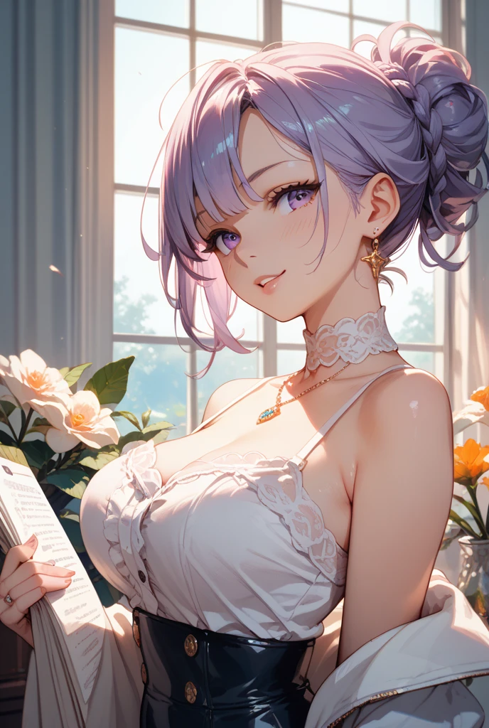 Beautiful young teenager, 1girl, purple hair, blue eyes, extremely short hair, freckles on face, framed eyeglasses, heart shaped choker, happy, smiling, blushing, thick lips, full lips, huge breasts, extreme cleavage, deep cleavage, very thin body, off-shoulder white wedding dress, bouquet, perfect anatomy, church background, stained glass windows, detailed background, ultra-detailed, 4k, 8k, best quality, masterpiece