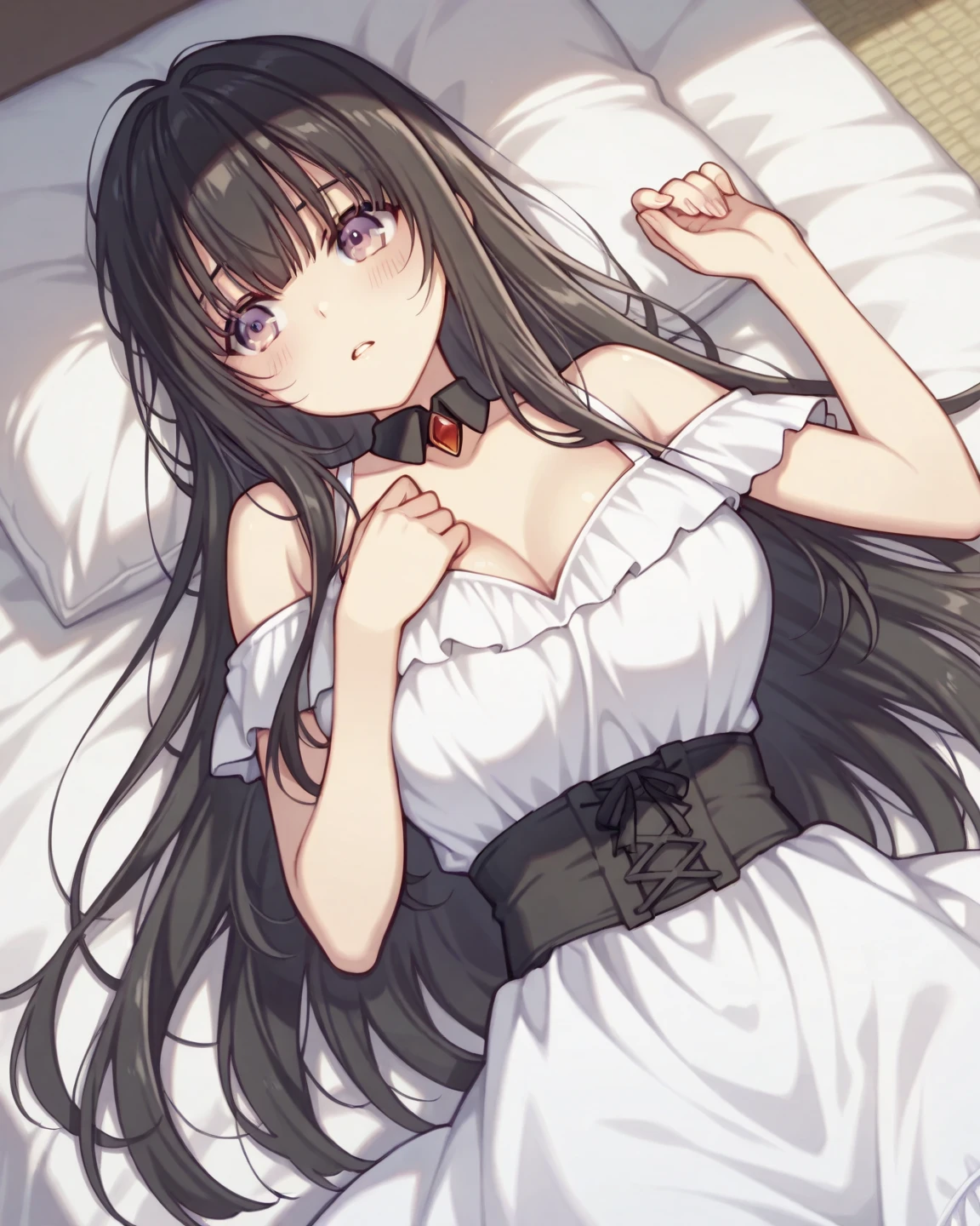Hu tao \(genshin impact\), love in eyes, bow hairpins, blushing, shyness, drooling, rolling eyes, white bow tie, maid outfit, long sleeves, miniskirt, exposed panties, hands raised above the head, lying on bed, big breasts, leg rings, white liquid, binding, single