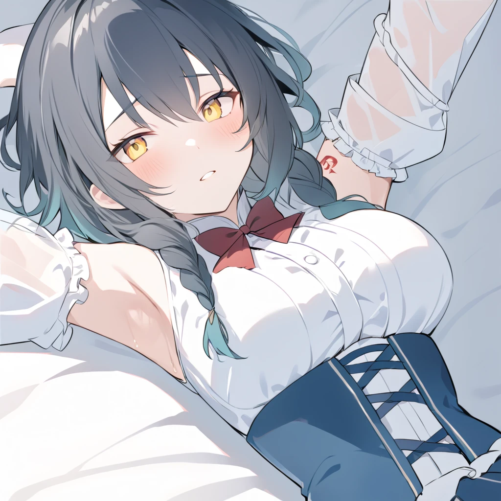 (best quality), (Super detailed), (Best Illustration), (masterpiece), score_9, score_8_up, score_7_up, 4k, (nsfw), high contrast, (1woman), (lying on), (hands on own chest:1.2), (a lot of cum on stomach:1.3), (a lot of cum on breasts:1.3), {(white serafuku), (bra lift), (show off breast:1.2), (show off nipples:1.2)}, (large breasts:1.2), {(brown hair:1.2), (sideburns), (bob cut:1.3), curly hair, hairs between eyes, colored inner hair}, {(detailed eyes), blue eyes}, earring, embarrassed, nose blush, (constricted pupils:1.2), (sweat:1.3), wind, (bed:1.3), ,