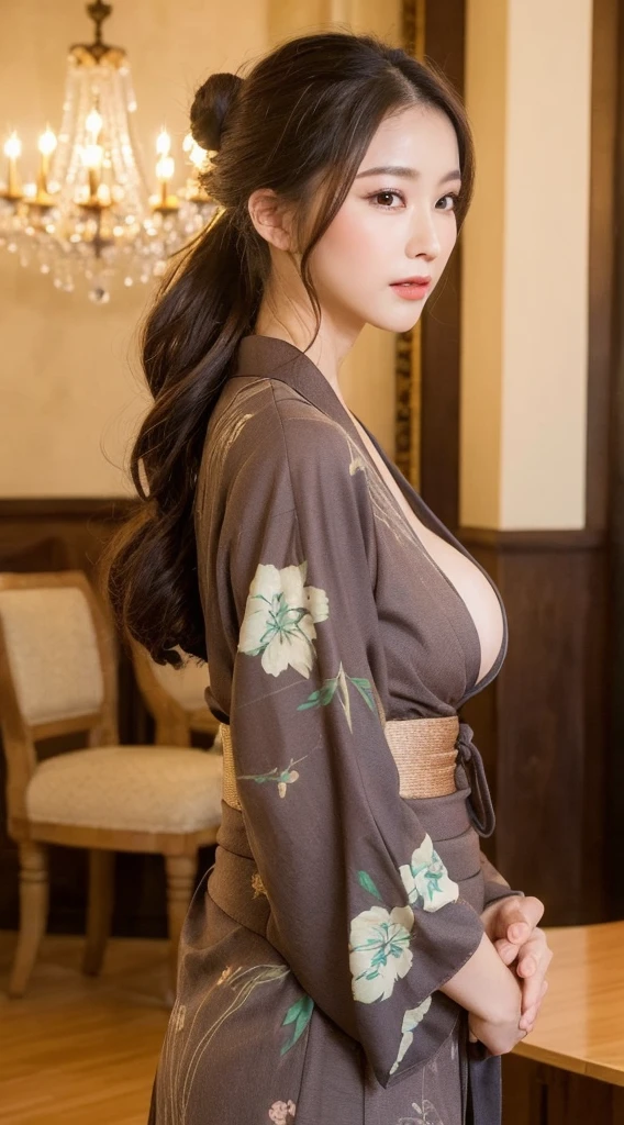 (yinchuan:1.5), close-up, masterpiece, best quality, raw photo, photorealistic, (((Small breasts: 2.0))), cleavage, beautiful face, soft smile, 20-year-old girl, light pink yukata, floral yukata, ((sits on a chair, beautiful legs visible)))), night, depth of field, high resolution, ultra detail, fine detail, highly detailed, highly detailed eyes and face, sharp pupils, realistic pupils,((round brown glasses)), areola slip, dark blonde berry shorthair, (((full body)), from below, dark pubic hair,
