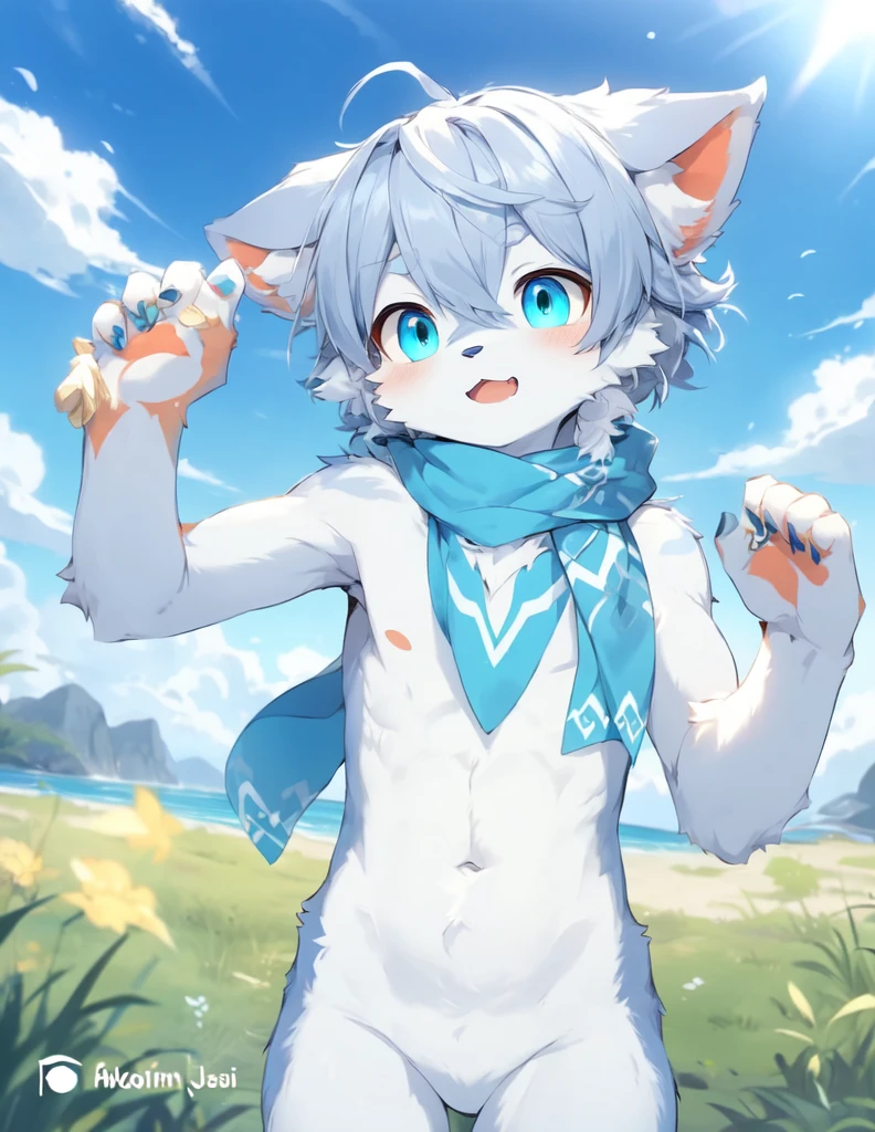 kemoshota, best quality,best resolution,(fluffy anthro furry :1.6),(young :1.6), dog shota, dachshund, white fur, naked, heavy breath, plenty drool, dynamic angle, 6 year old boy,Masterpiece,cub,best resolution, white hair boy, ears, tail, pubic fur, sweating, full face blush, naked towel, Solo, kemono, blushes, look at camera, smile open mouth, standing on mouth, view from mountain, cloud fog background, sunrise time, tony tony chopper, beautiful contrast of light and dark