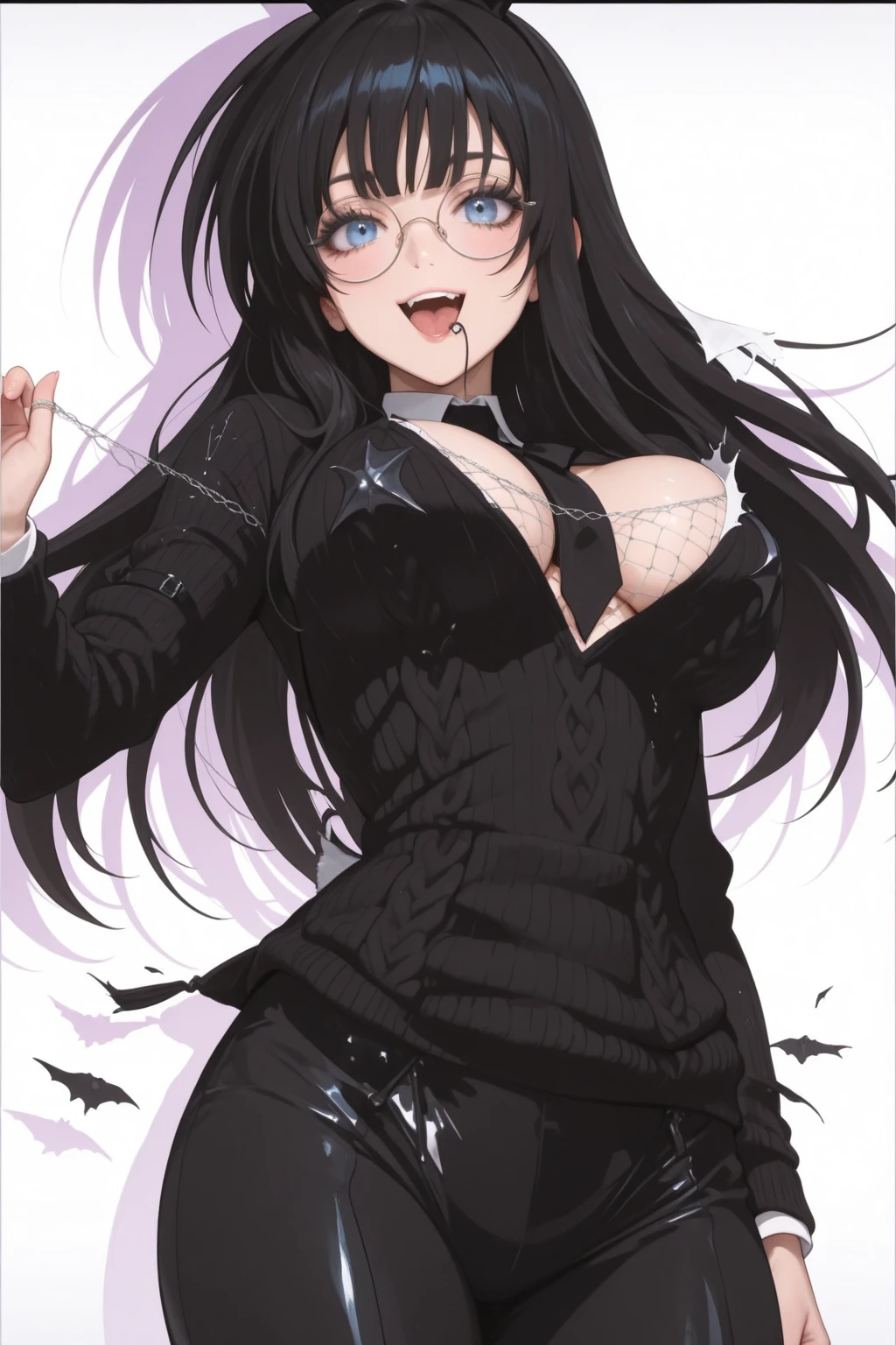 Score_9, Score_8_up, Score_7_up, source_anime BREAK 1girl, large breasts, Bayonetta, slender but rather curvy and tall figure (black hair wrapped in a beehive hairstyle, long hair), gray eyes, mole on lower left cheek near lips, skirt, navel, underwear, earrings, glasses, alternative costume, black thigh high, miniskirt, nail polish, bra, lupo, high heels, lips, zettai ryouiki, transparent, covered navel, makeup, lipstick, full moon, huge moon,score_9_up