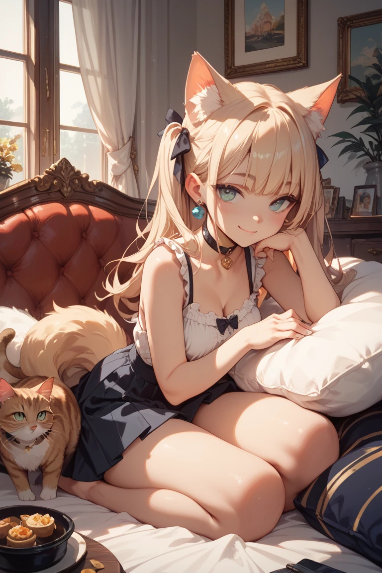 (2 cats:1.3), (2 animals:1.3), ((Black and brown cat)), ((Ginger green-eyed cat)), (Embrace:1.2), Wonderful atmosphere, Lovely atmosphere, Magic dust
