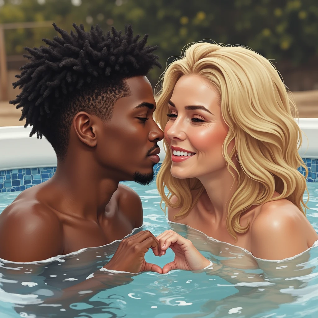 Perfect and happy beautiful couple, with romantic atmosphere, enjoying a moment of relaxation in the hot tub. The stunning blonde woman while the charming gorgeous black man smiles softly and takes a glass of red wine. --auto --s2
