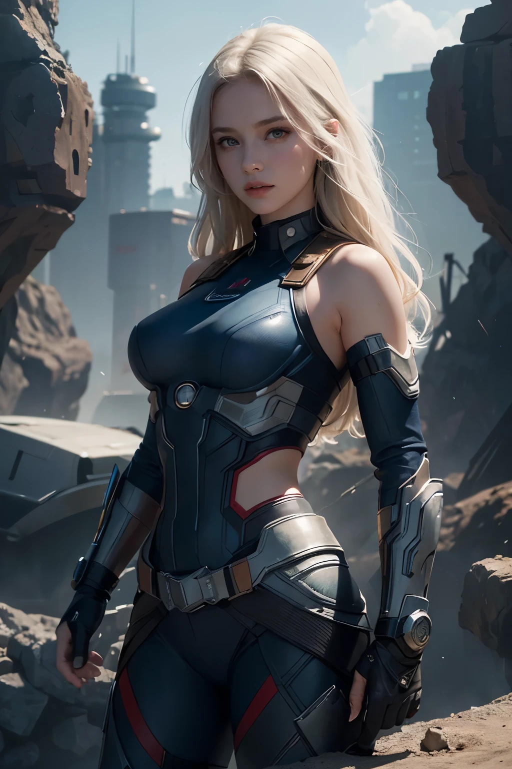 (1girl:1.3), solo, __body-parts__, official art, unified wallpaper 8k, super detailed, beautiful and aesthetic, beautiful, masterpiece, best quality, raw, masterpiece, super beautiful photo, best quality, super high resolution, photorealistic realism, sunlight, full-length portrait, amazing beauty, dynamic pose, delicate face, bright eyes, white hair ((rear view)), she wears a futuristic Captain America costume, blue color scheme, (hand a shield), Capital A on the chest, very detailed abandoned warehouse background, detailed face, detailed complex busy background, dirty, gorgeous, milky white, very detailed skin, realistic skin details, visible pores, sharp focus, volumetric mist, 8k uhd, SLR camera, high quality, film grain, light leather, photorealism, lomography, huge metropolis in a future dystopia, bottom view, translucent