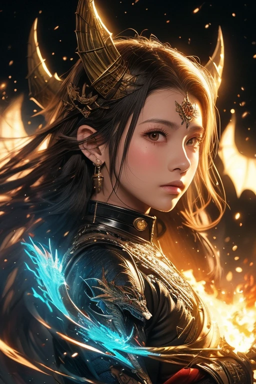 tmasterpiece,top-quality,best qualityer,offcial art,Beauty and aesthetics:1.2),(tmasterpiece:1.3), (8K, realisticlying, RAW photos, best qualtiy: 1.4), beauitful face, (photorealiscic face),超高分辨率, Ultra photo realsisim, highly detailed, the golden ratio, (with dynamism:1.3),(Saturation:1.3),illusory engine, (High detail: 1.9),(femele:1.4),(Large breasts),woman,Dragon's horn,Bat wings,The background is the destroyed city,Mid-range portrait