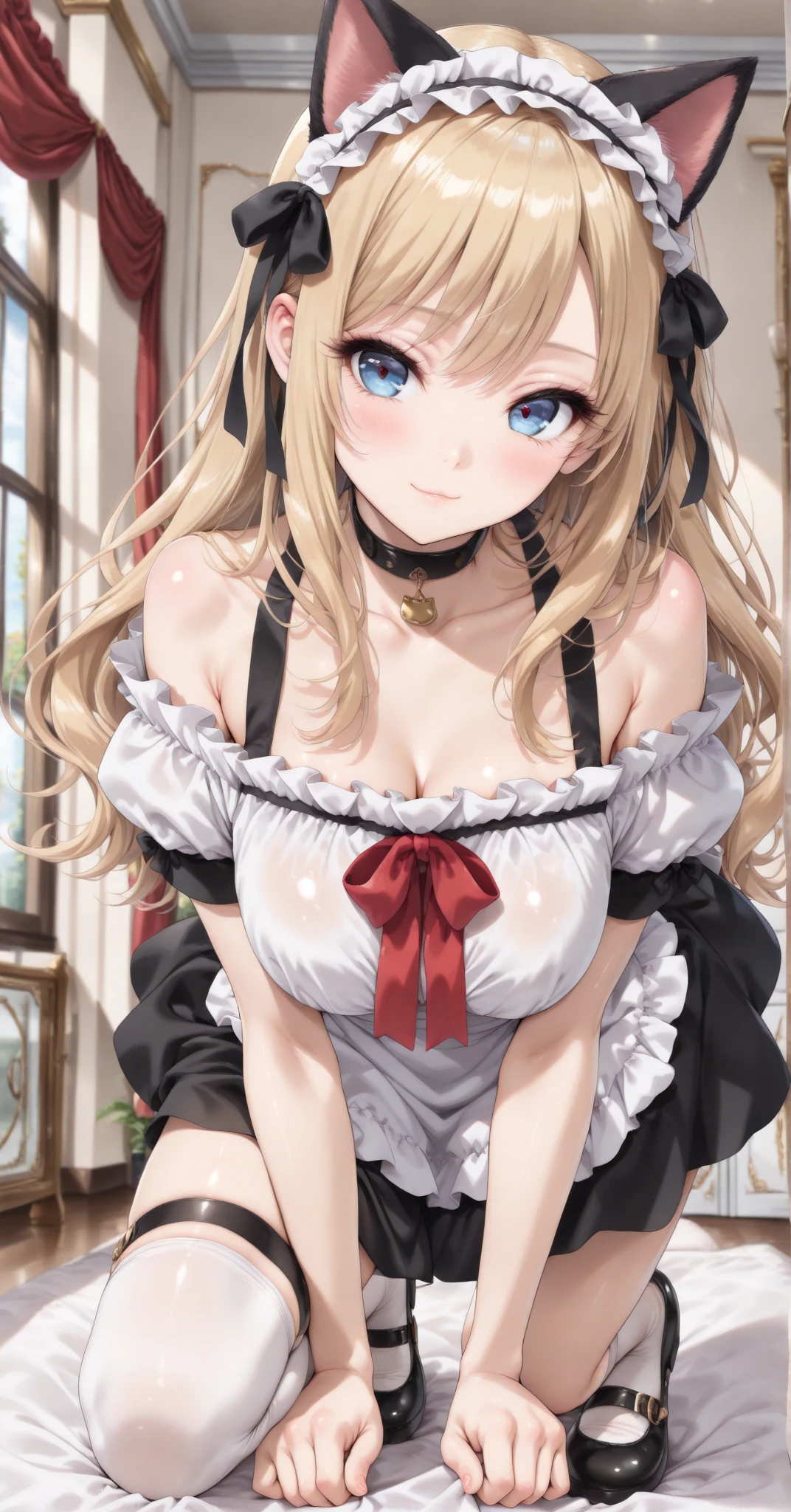 masterpiece, highly detailed, highest quality, high resolution, super precise, (1 girl), simple black French maid dress, white apron, semi-opaque stockings, flawless skin, silky golden blonde hair tied up into a messy bun, soft and cute facial features, plump pink lips, 18 year old teenager, tall height(190cm), very small A cup breasts, long slender legs and curvy hips that flare out enticingly on a pear shaped body, cowboy shot, olive-brown eyes, cat ears and tail,