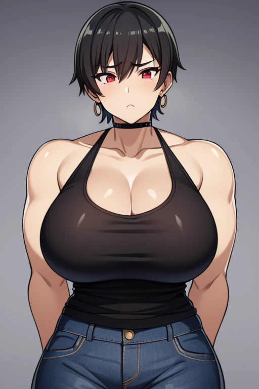 Black bob cut hair, purple eyes, adult female, pale skin, blush, smirk, muscular abs, fit, big butt, wide hips, strong thighs, thick thighs, curvaceous, sunglasses, complex sexy swimsuit, butterfly shape gold hairpin,
